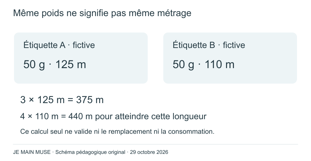 Fil A cinquante grammes cent vingt-cinq mètres ; B cinquante grammes cent dix mètres. Trois A font trois cent soixante-quinze mètres, quatre B quatre cent quarante.