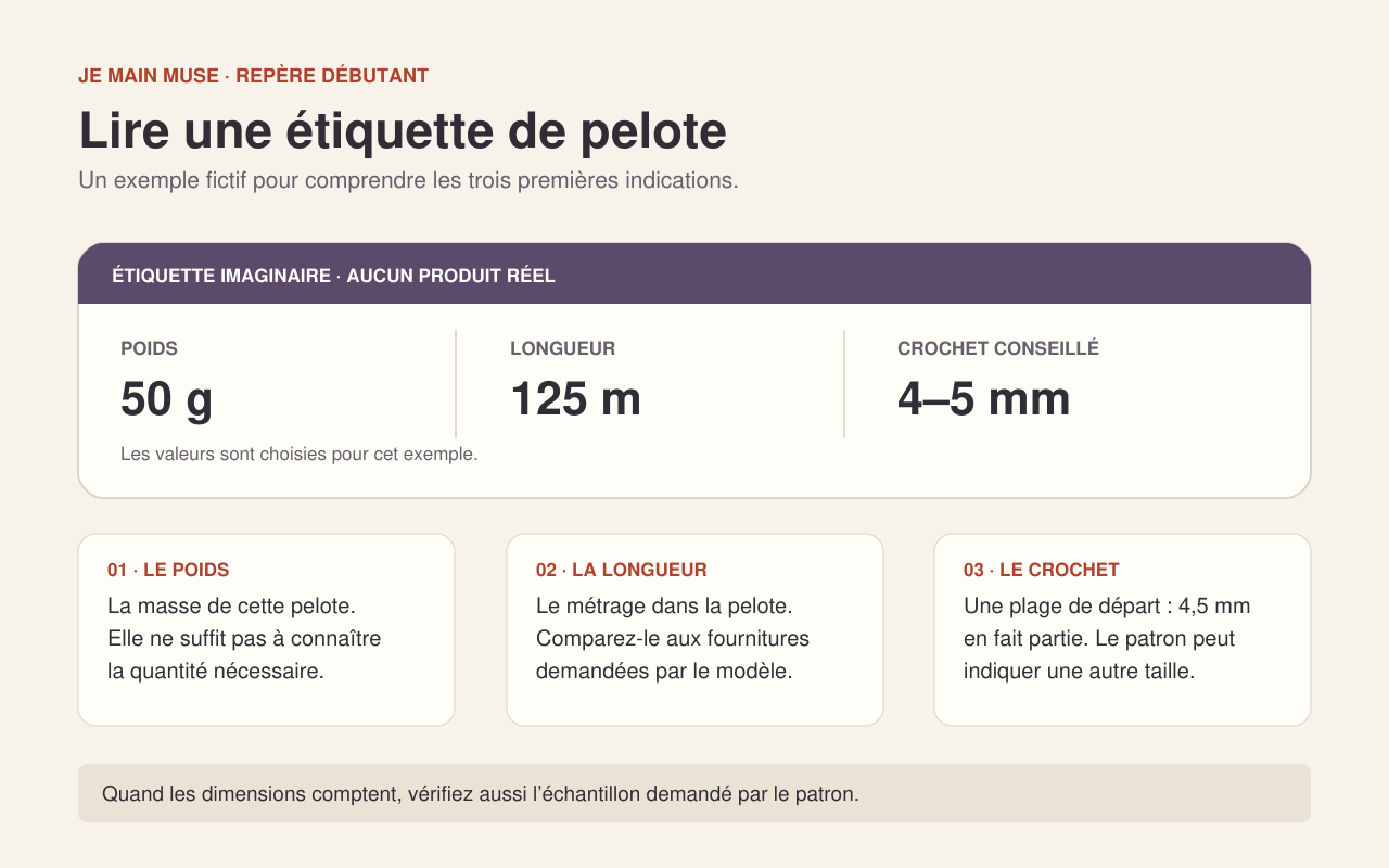 Exemple fictif d’étiquette : 50 g, 125 m et crochet conseillé de 4 à 5 mm ; le patron et son échantillon restent à vérifier.