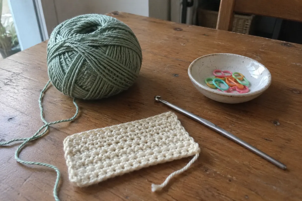 Matériel simple pour débuter : crochet, coton, échantillon et marqueurs.