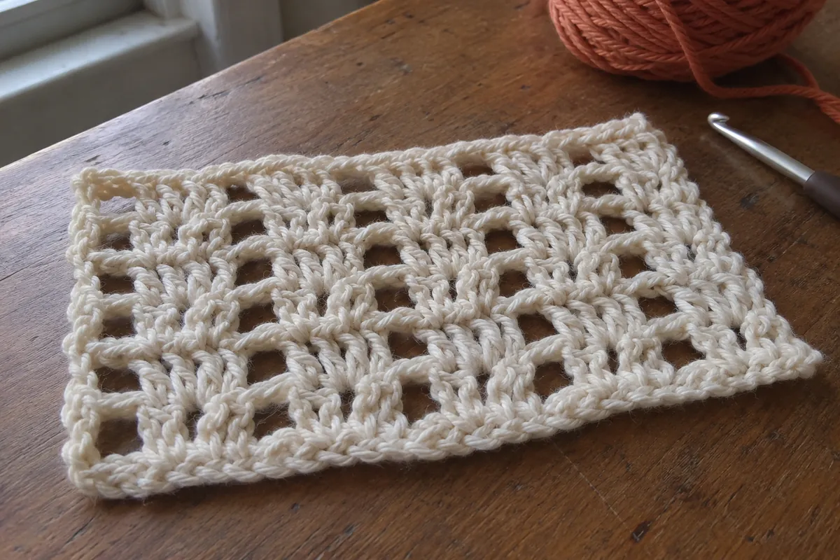 Échantillon de crochet écru dont la lumière souligne le relief des points.