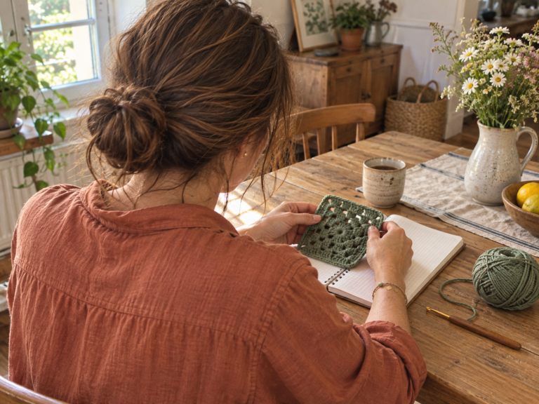 Illustration de Camille de dos, avec un carré au crochet et un carnet.