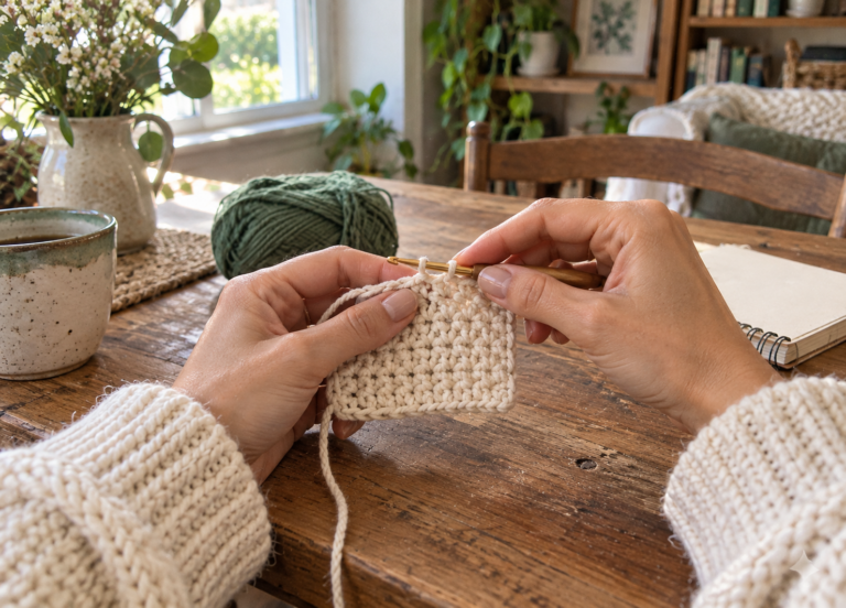 Illustration de mains travaillant un échantillon au crochet.