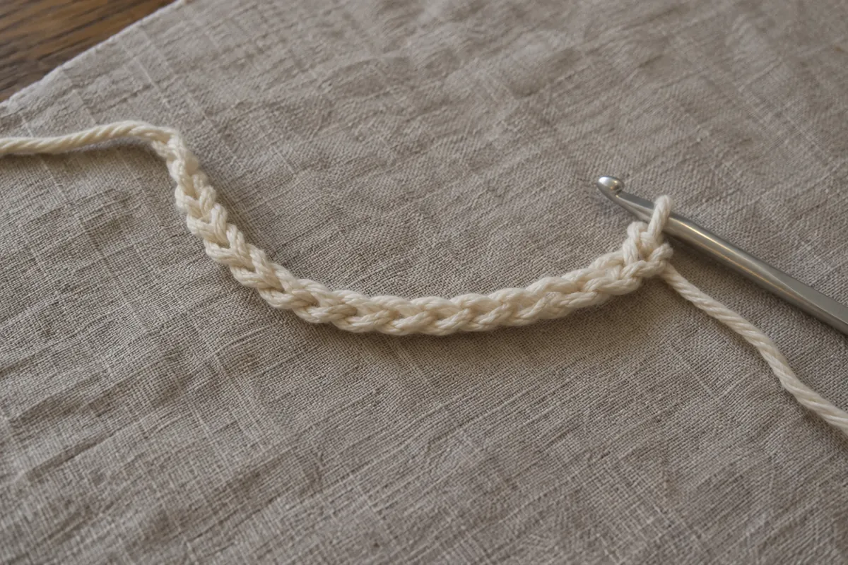 Chaînette de fil écru et crochet posés sur un tissu clair.