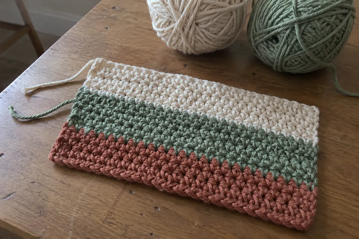 Échantillon au crochet en bandes écrues, vertes et terre cuite.