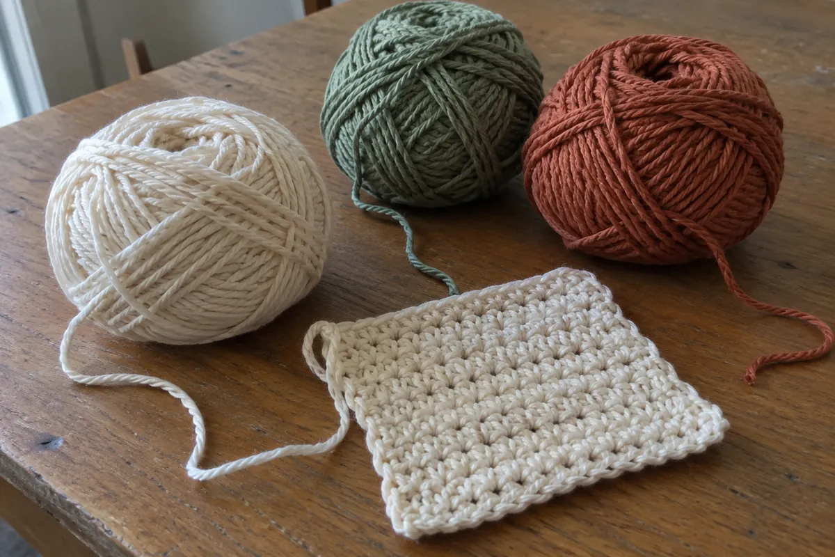 Pelotes de coton lisse écru, vert sauge et terre cuite.