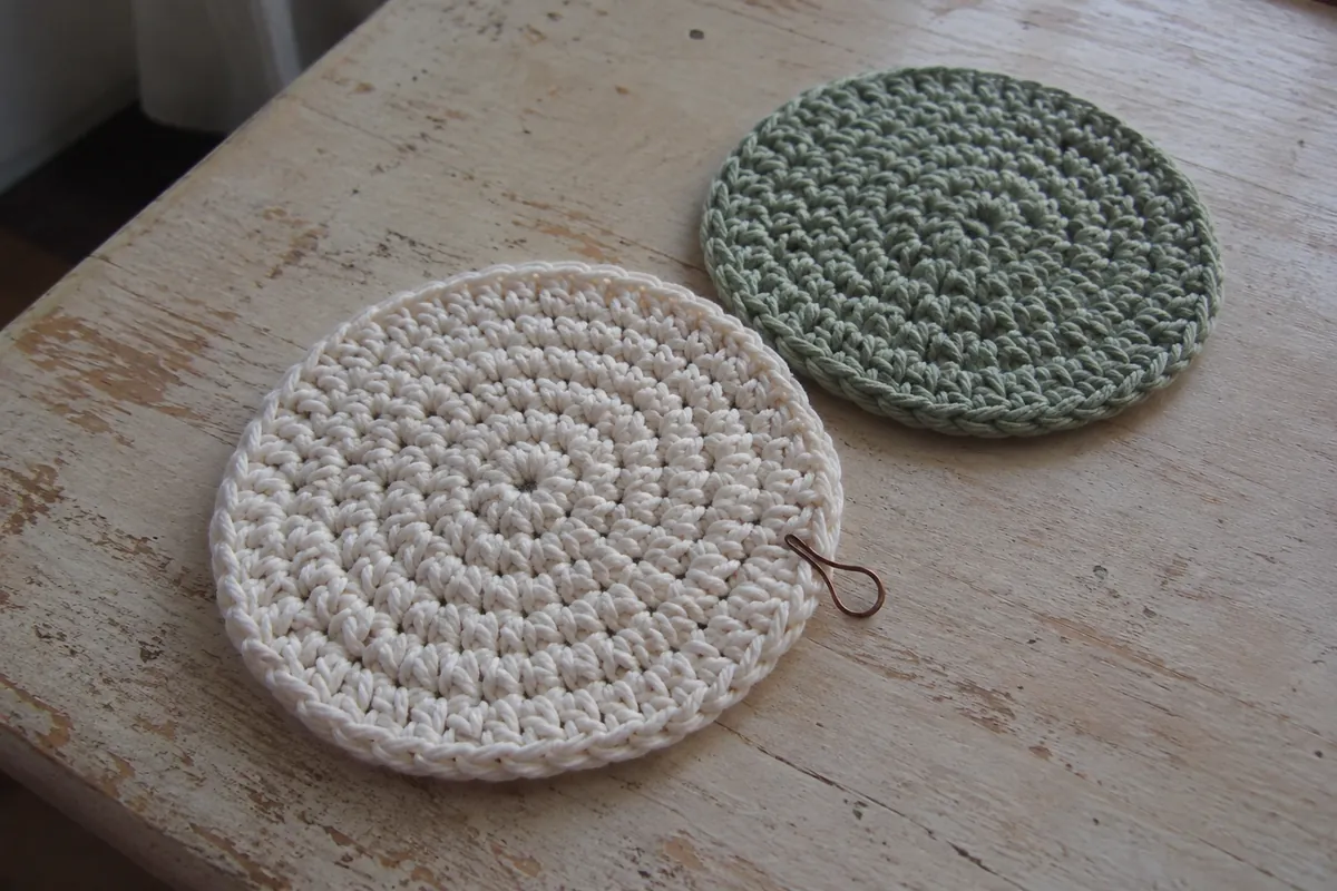 Deux petits ouvrages ronds au crochet avec un marqueur de tour.