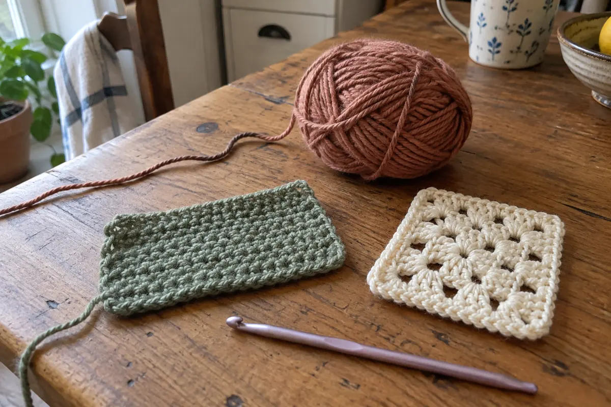 Pièces de crochet simples et pelotes posées sur une table domestique.