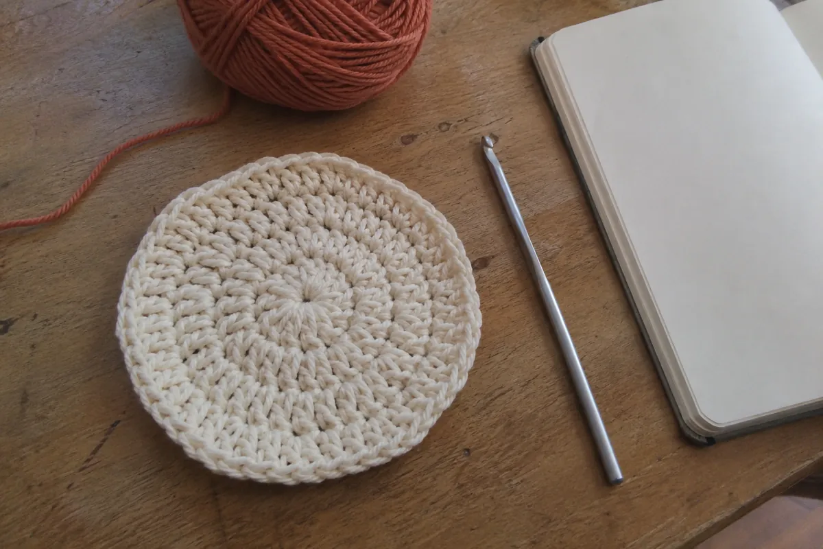 Petit ouvrage circulaire, crochet et carnet sur une table d’atelier.