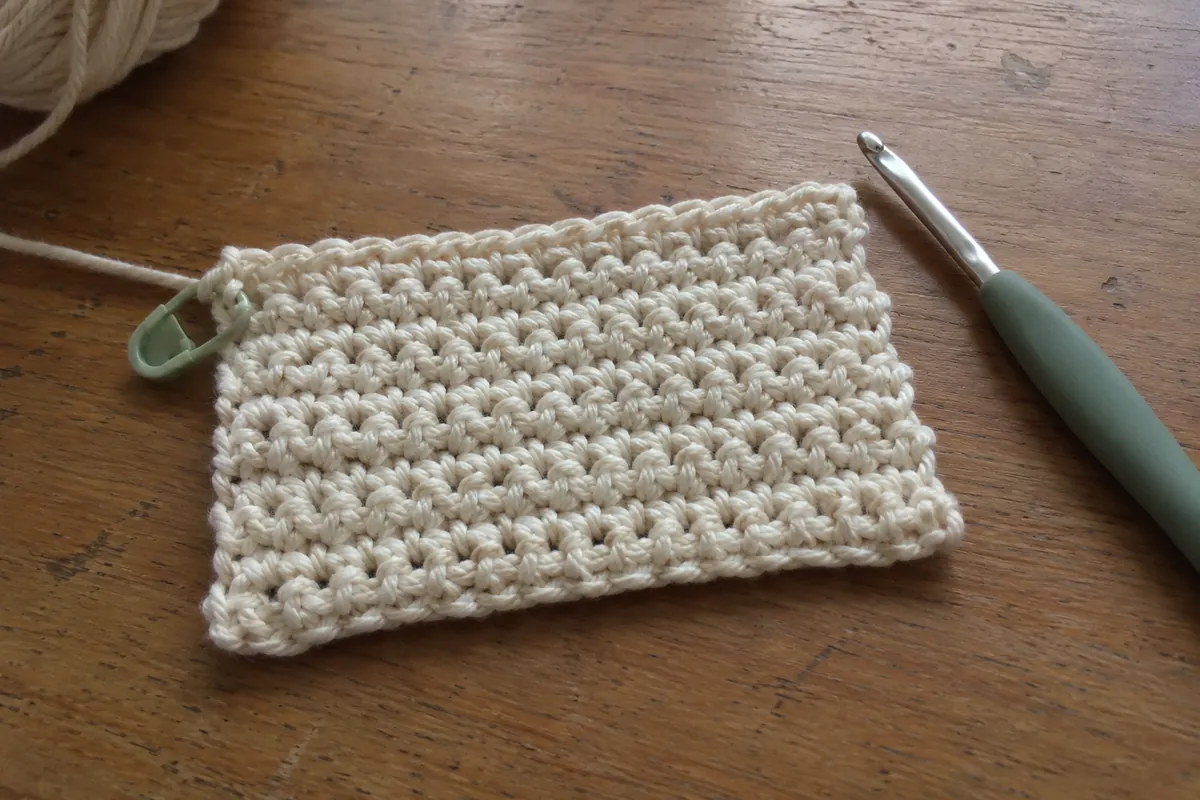 Petit échantillon de crochet dense avec un marqueur de bord.